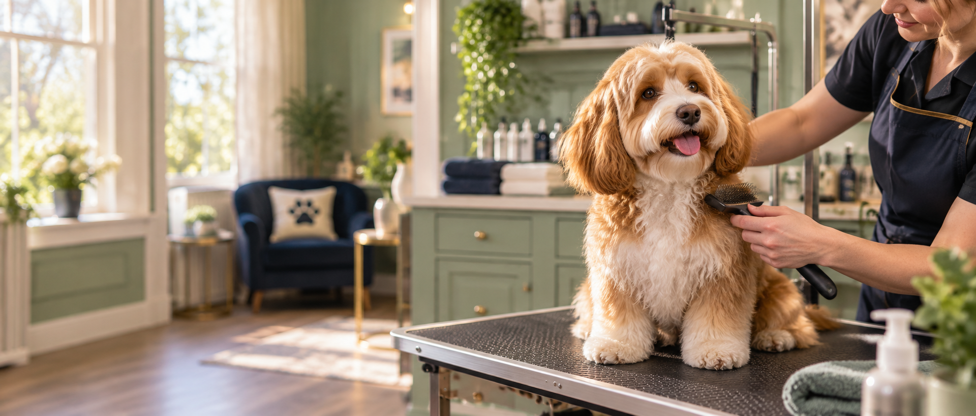 Dog receiving gentle grooming in a bright salon